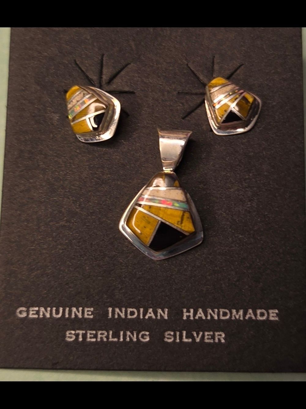 RB Sterling Silver Inlay Jewelry Set Pendant Earrings Tiger Eye Opal